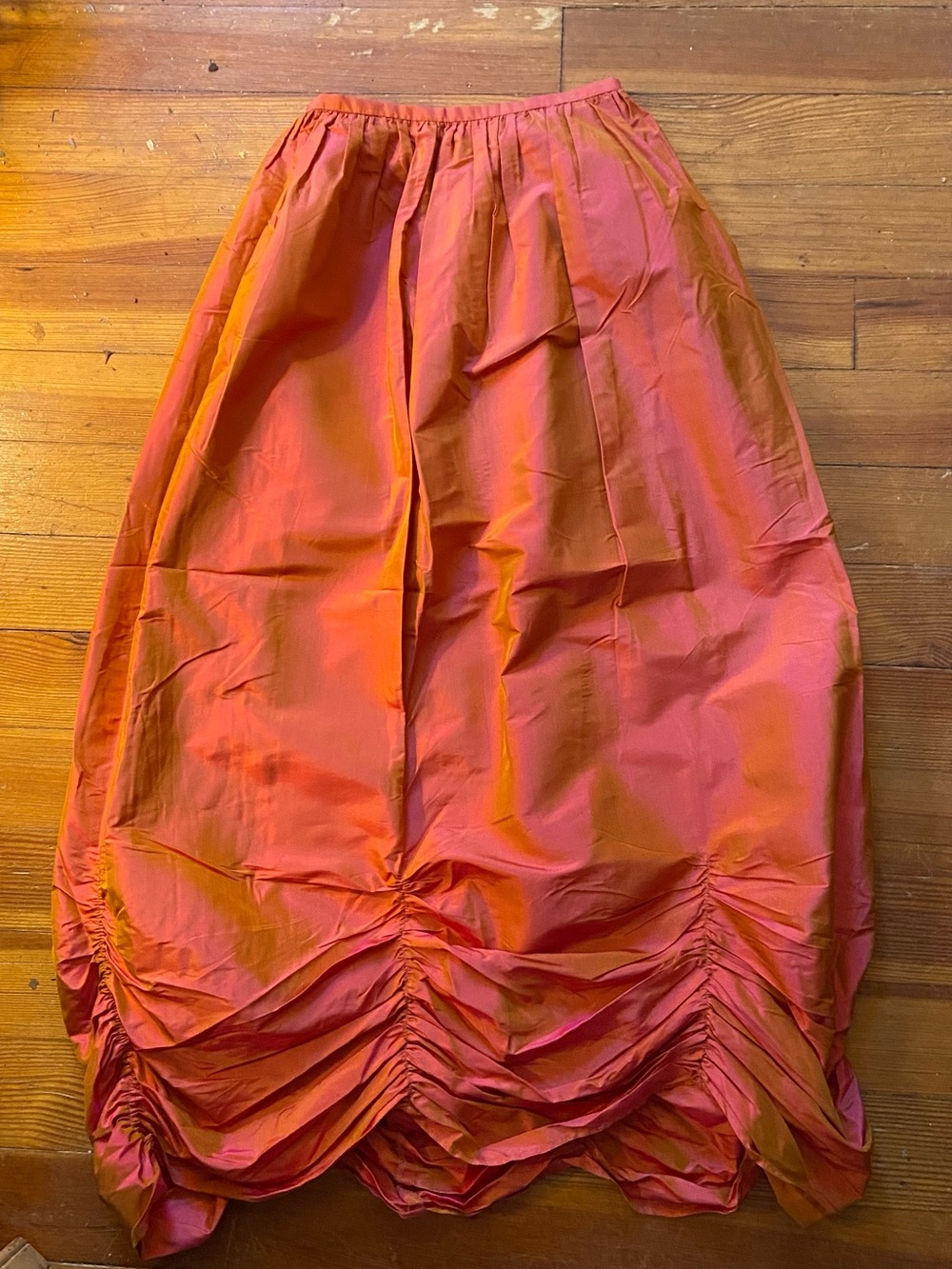 David Meister Orange-Red sharkskin fabric Gathered Hem Maxi Skirt